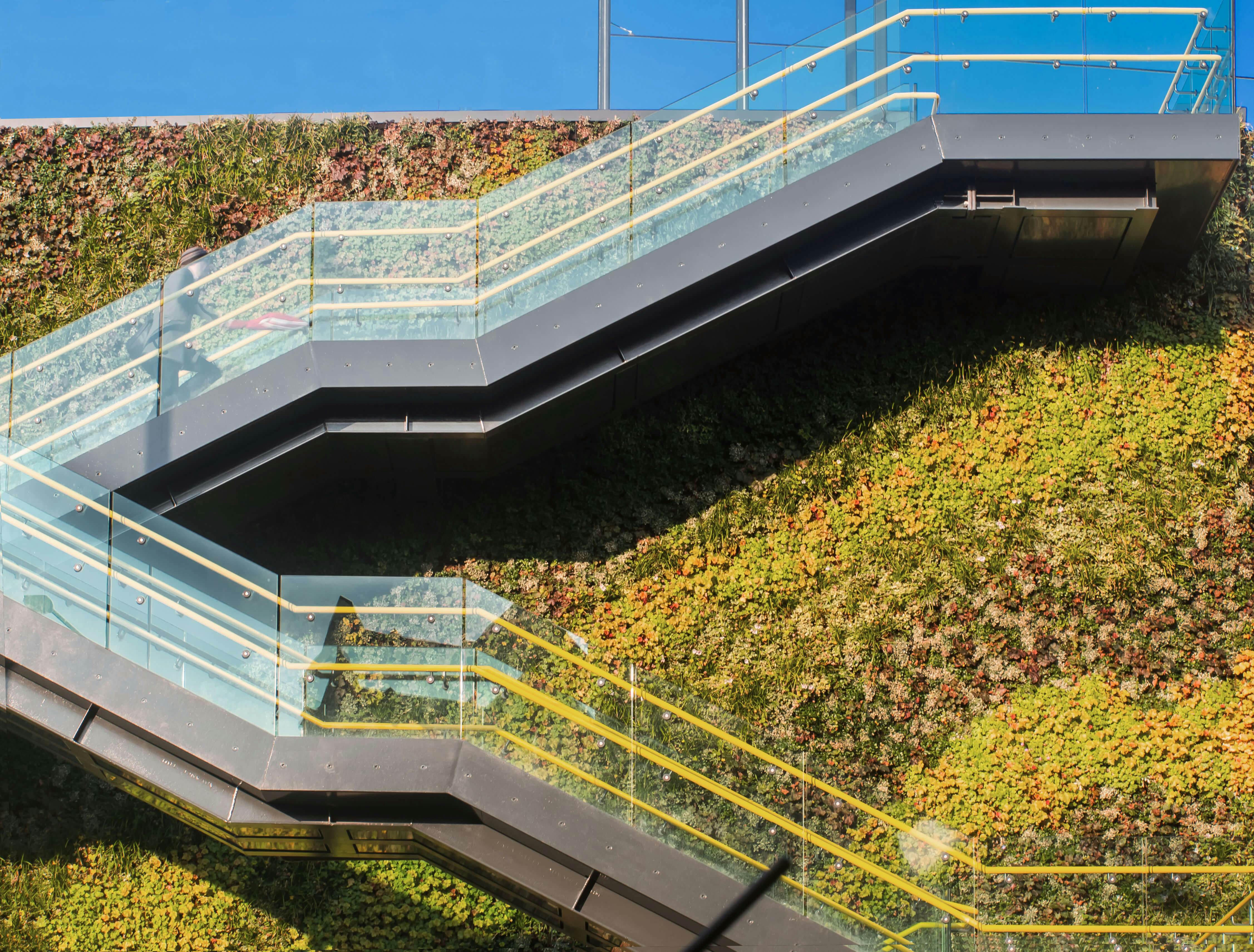 Manchester, England. Stairs of the Metrolink in Deansgate , that it is the tram transport system in Manchester.